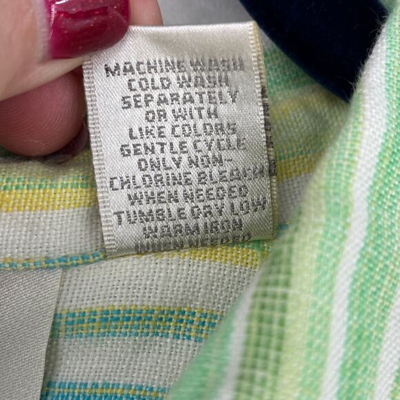 Studio Works Linen Blouse Womens Size L Green Stripe Button Up Roll Tab Sleeves - Picture 11 of 11